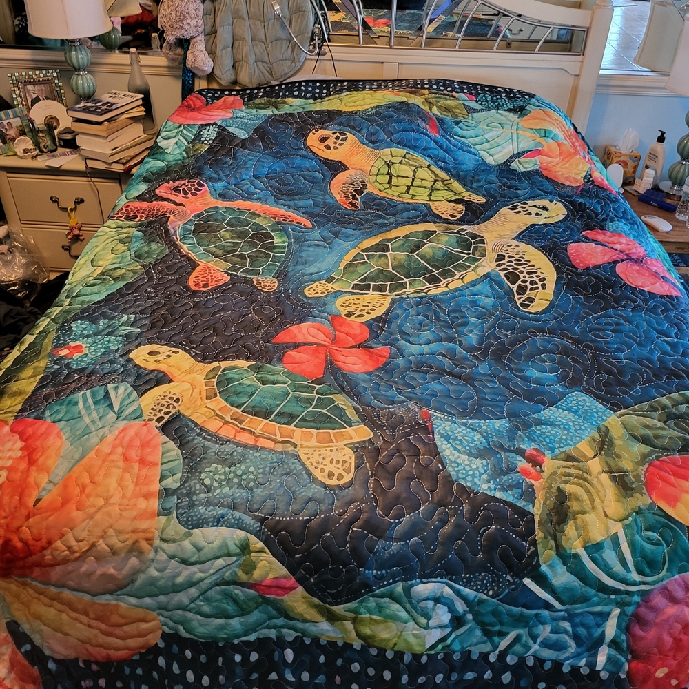 Queen Size Turtles Journey 3 Piece Quilted Bedding Set & Pillow Cover